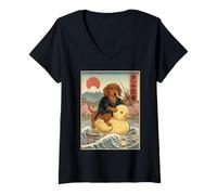 Mujer Arte japonés Vintage de Ukiyo-e Weiner Dog Dachshund Ninja Camiseta Cuello V