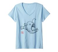 Mujer Arte Kanji japonés de Pez Rana - Peces de Aguas Profundas Camiseta Cuello V