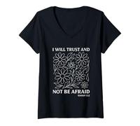 Mujer Arte lineal bohemio con estampado floral con texto en I Will Trust and Not Be Afraid Camiseta Cuello V