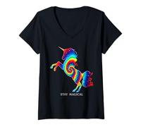 Mujer Arte mágico de fantasía mística y Unicornio de Stay Magical Rainbow Unicorn Camiseta Cuello V