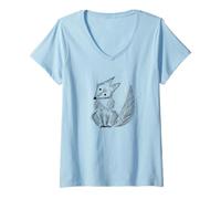 Mujer Arte Minimalista de líneas de Zorro Curioso - Lindo diseño de Animales Moderno Camiseta Cuello V