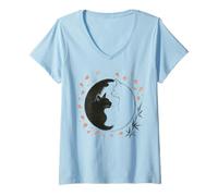 Mujer Arte Natural japonés: Yin Yang Cat Sakura Art Zen Camiseta Cuello V