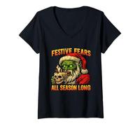 Mujer Arte navideño de Papá Noel con Zombis y Terror navideño Camiseta Cuello V