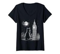 Mujer Arte Nocturno de London Cat Skyline Big Ben Moon Camiseta Cuello V