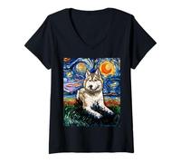 Mujer Arte Nocturno Estrellado Rubio, Husky Siberiano, Regalo para Amantes de los Perros Camiseta Cuello V