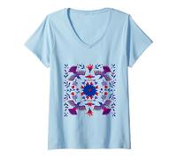 Mujer Arte otomí Mexicano Colibrí Floral Tradicional Folk Camiseta Cuello V