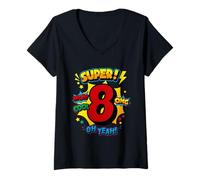Mujer Arte Pop cómico de superoctavo cumpleaños: guau, Genial, Dios mío, oh, sí, niños Camiseta Cuello V