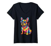 Mujer Arte Pop de Graffiti Bulldog francés - Frenchie Colorido Camiseta Cuello V