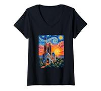 Mujer Arte Pop Estrellado de la Sagrada Familia de Barcelona Camiseta Cuello V