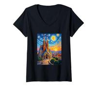 Mujer Arte Pop Estrellado de la Sagrada Familia de Barcelona Camiseta Cuello V