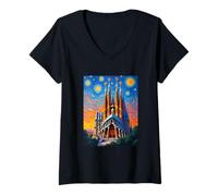 Mujer Arte Pop Estrellado de la Sagrada Familia de Barcelona Camiseta Cuello V