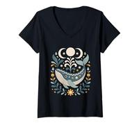 Mujer Arte Popular Escandinavo Ballena Celestial Océano Lunas Náutica Camiseta Cuello V