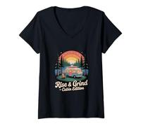 Mujer Arte Retro de Camping Nature Rise & Grind Cabin Edition Camiseta Cuello V