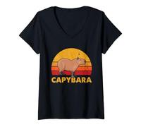 Mujer Arte Retro de Capibara al Atardecer, Vintage, Amante de los Animales Salvajes Camiseta Cuello V