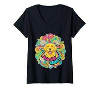Mujer Arte Retro de Margaritas Stay Groovy Golden Retriever de los años 60 Camiseta Cuello V