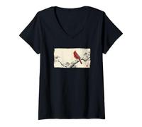 Mujer Arte Retro japonés con Estampado de pájaros cardenales del Norte Camiseta Cuello V