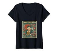 Mujer Arte Retro japonés de la Suerte con diseño de Gato en Flor de cerez Camiseta Cuello V