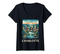 Mujer Arte Retro Vintage del Horizonte de Charlotte, Carolina del Norte Camiseta Cuello V