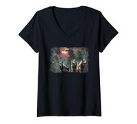 Mujer Arte sobre la Vida Silvestre del Bosque Lunar Tropical de Wolf Pack Camiseta Cuello V