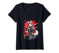 Mujer Arte Urbano de Anime Fox Girl Cyberpunk Samurái Camiseta Cuello V