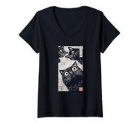 Mujer Arte Urbano Estilo Ukiyo-e en xilografía Japonesa Retro con Forma de Gato Camiseta Cuello V