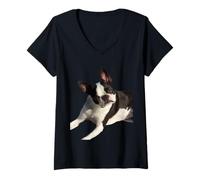 Mujer Arte vectorial de retrato de fotografía de Boston Terrier Camiseta Cuello V