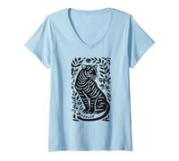 Mujer Arte Vintage con Estampado de Bloques botánicos de Tigre en linóleo Camiseta Cuello V