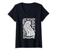 Mujer Arte Vintage con Estampado de Bloques botánicos de Tigre en linóleo Camiseta Cuello V