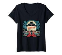Mujer Arte vintage de películas de terror retro Monster Drive-In Camiseta Cuello V