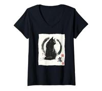 Mujer Arte Vintage japonés Sumi-e Enso Circle de Gato de Aspecto Fresco Camiseta Cuello V