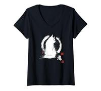 Mujer Arte Vintage japonés Sumi-e Enso Circle de Gato de Aspecto Fresco Camiseta Cuello V