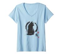 Mujer Arte Vintage japonés Sumi-e Enso Circle de Gato de Aspecto Fresco Camiseta Cuello V