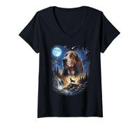 Mujer Arte Vintage para Perros Basset Howling at The Moon Camiseta Cuello V