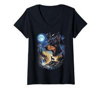 Mujer Arte Vintage para Perros de Dobermann Howling at The Moon Camiseta Cuello V