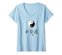 Mujer Artes Marciales Aikido Tao Yin Yang Símbolo Chino Caracteres Camiseta Cuello V