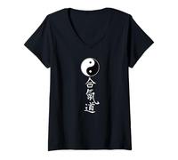 Mujer Artes Marciales Aikido Tao Yin Yang Símbolo Chino Caracteres Camiseta Cuello V