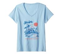 Mujer Aruba One Happy Island Caribbean Vacation Travel Souvenir Camiseta Cuello V