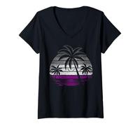 Mujer Asexual Pride Atardecer con Palmeras y Colores Ace Flag Camiseta Cuello V