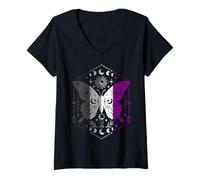 Mujer Asexual Pride mariposa lunas ojos y símbolos Camiseta Cuello V