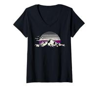 Mujer Asexual Pride Montañas con Cielo Ace Flag y Atardecer Camiseta Cuello V