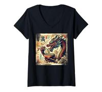Mujer Asian Graphics, Ramen Dragon Anime Vintage Japanese Poster Camiseta Cuello V