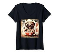 Mujer Asian Graphics, Ramen Pug Dog Anime Vintage Japanese Poster Camiseta Cuello V