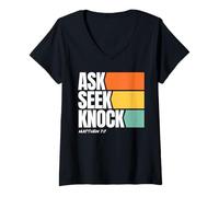 Mujer Ask Seek Knock Matthew 7:7 Christian Faith Design Camiseta Cuello V