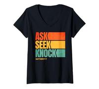 Mujer Ask Seek Knock Matthew 7:7 Christian Men Women Faith Camiseta Cuello V