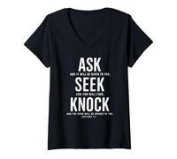 Mujer Ask Seek Knock Matthew 7:7 Verso bíblico Cristiano Camiseta Cuello V