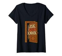 Mujer Ask Seek Knock Matthew 7:7 Verso de la Biblia Cristiano Camiseta Cuello V