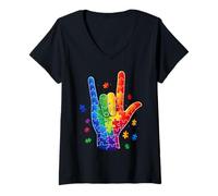 Mujer ASL I Love You Signos Language Puzzle Hand Autism Concientización Camiseta Cuello V