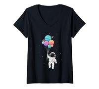 Mujer Astronaut Niños Sostenible Planeta y Globos Espaciales Camiseta Cuello V