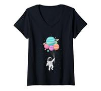 Mujer Astronaut Niños Sostenible Planeta y Globos Espaciales Camiseta Cuello V