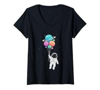 Mujer Astronaut Niños Sostenible Planeta y Globos Espaciales Camiseta Cuello V